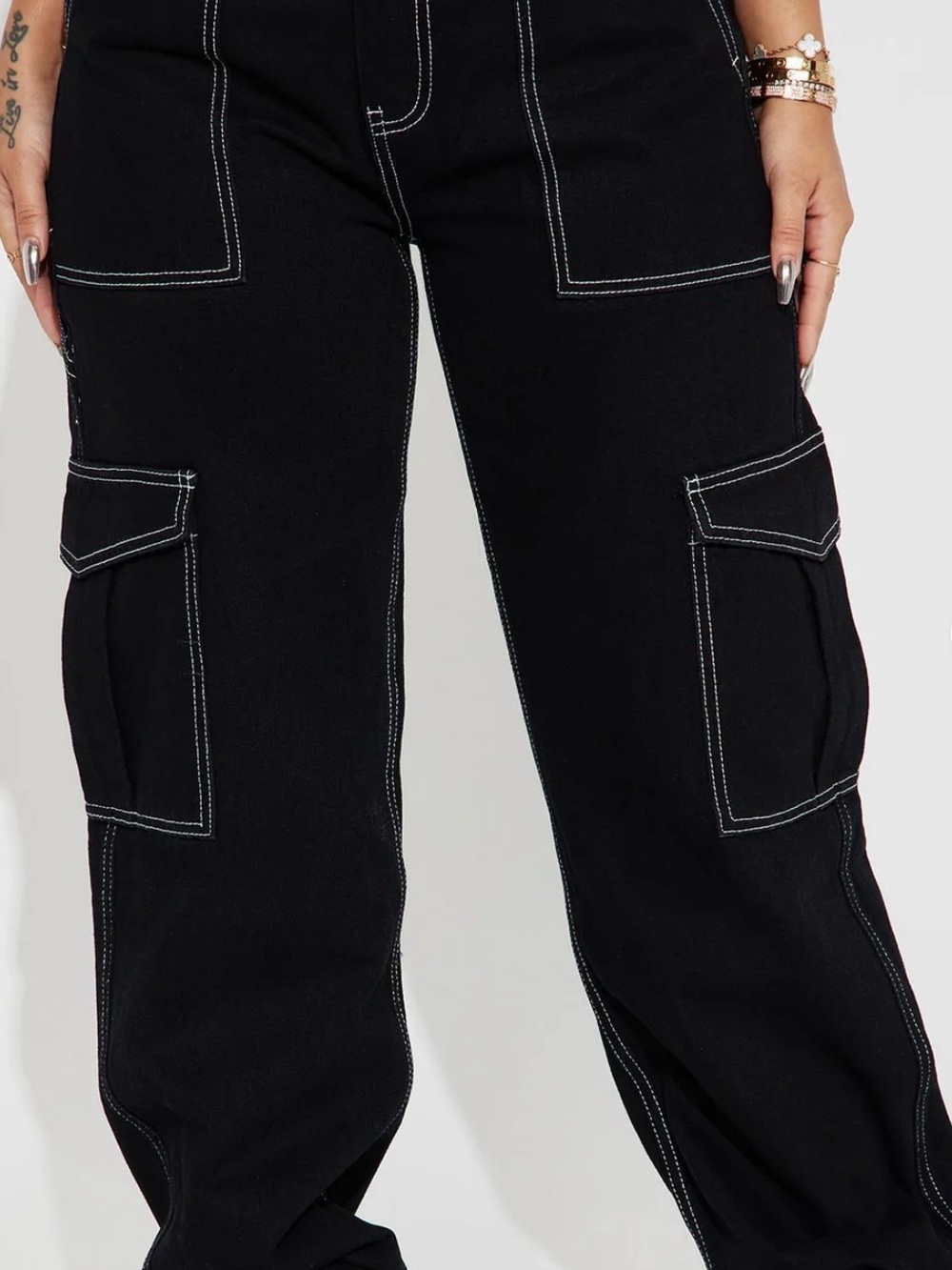 Fashion Nova Black Boyfriend Cargo Jeans with White Contrast Stitching